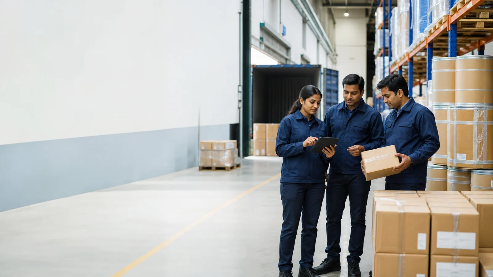 Illustrative view of a logistics team coordinating a warehouse dispatch