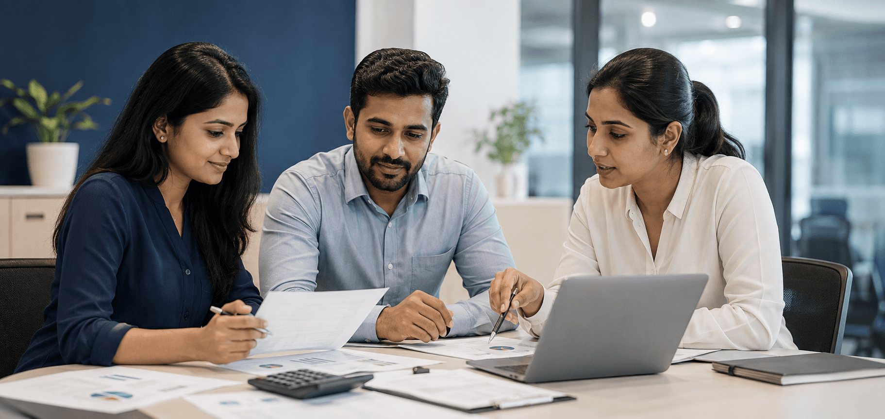 Finance and accounting professionals reviewing commercial documents and financial information