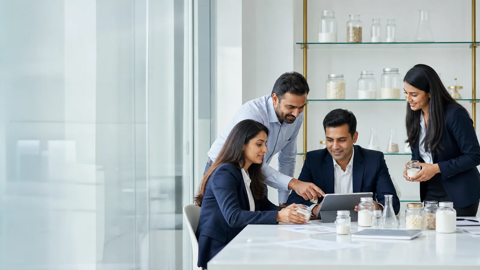 Illustrative view of a marketing and business development team discussing a product portfolio
